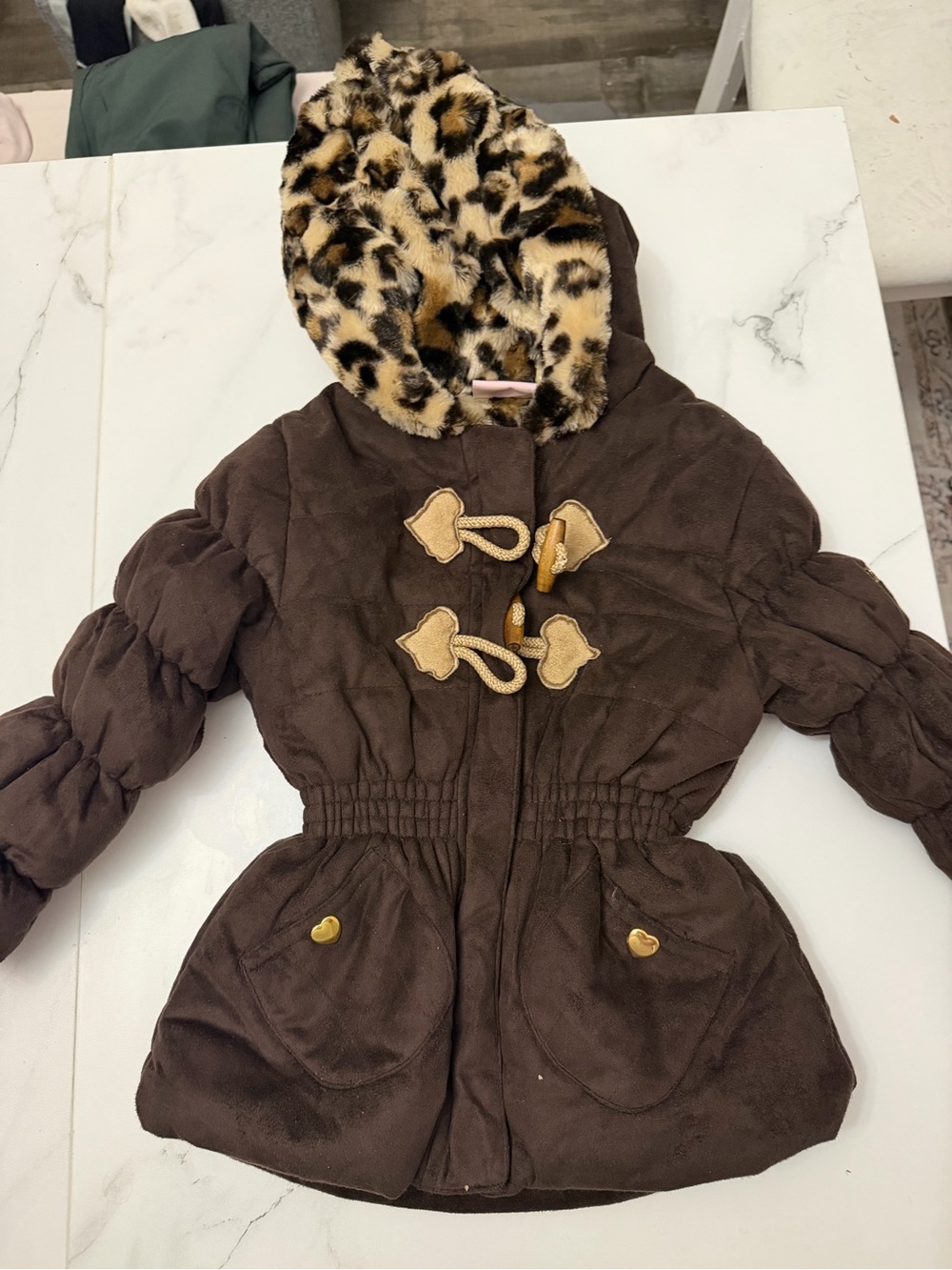 Kids Brown Hooded Toggle Coat with Leopard Faux-Fur Lining
